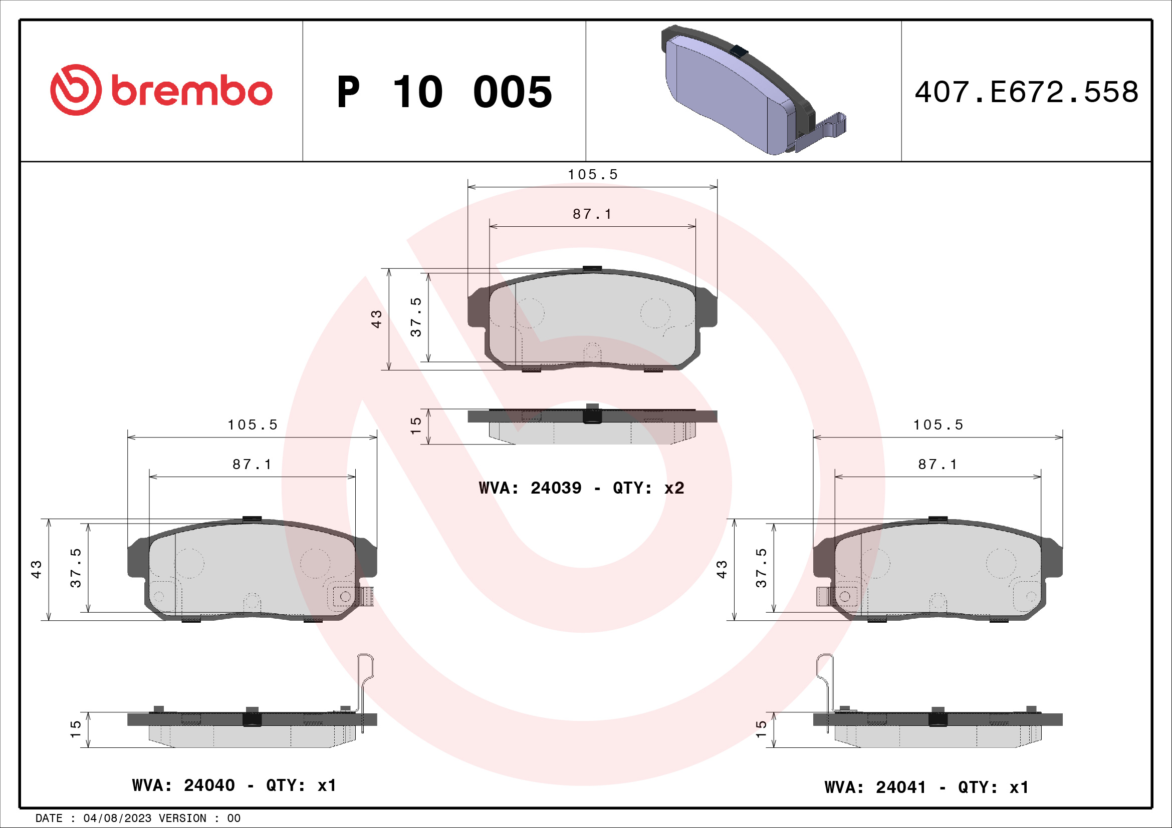 A.B.S. P 10 005 BREMBO Bremsbelagsatz, Scheibenbremse